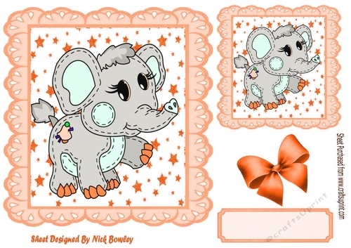 Cute stitched Elephant in peach star frame 7x7