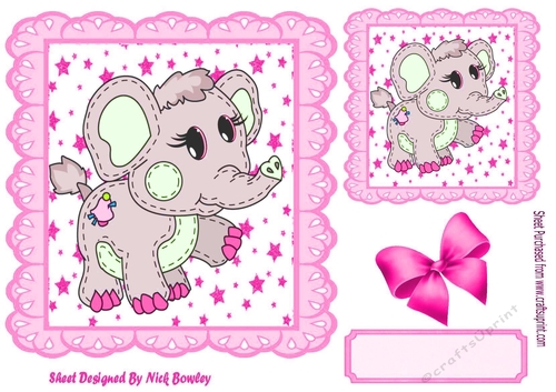 Cute stitched Elephant in pink star frame 7x7