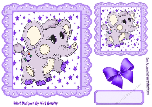 Cute stitched Elephant in purple star frame 7x7