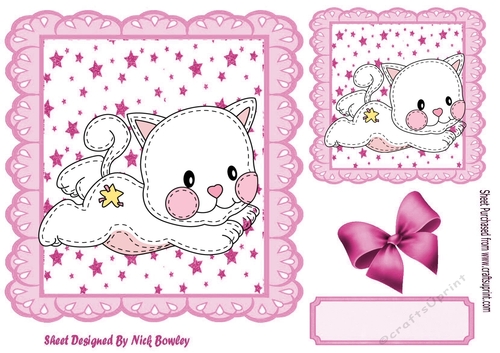 Cute white stitched kitty in pink star frame 7x7