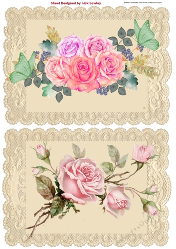 Two pretty vintage roses on ecru lace card fronts A5