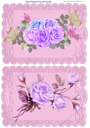 Two pretty vintage roses on dusky pink lace card fronts A5