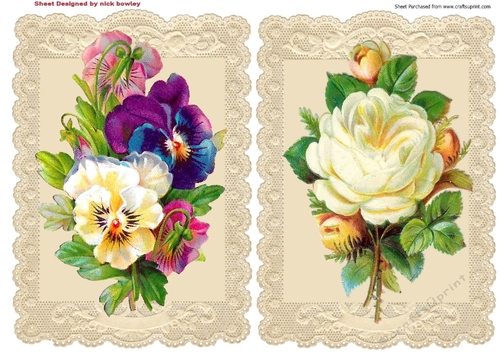Two pretty vintage card fronts with roses and pansies on lace A5