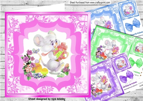  4 Cute little mice with flowers and gift, card fronts 8x8 mini kit