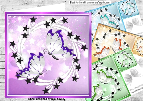  5 Pretty black stars with coloured butterflies  card fronts  8x8 mini kit
