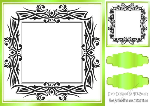 Lovely black ornate with lime green frame 8x8 card front