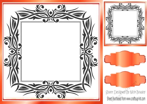 Lovely black ornate with peach frame 8x8 card front