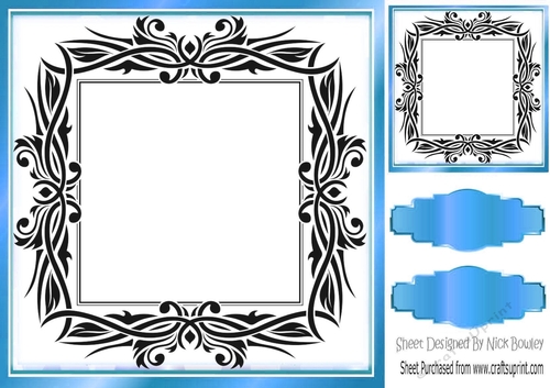 Lovely black ornate with blue frame 8x8 card front