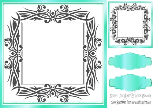Lovely black ornate with turq  frame 8x8 card front