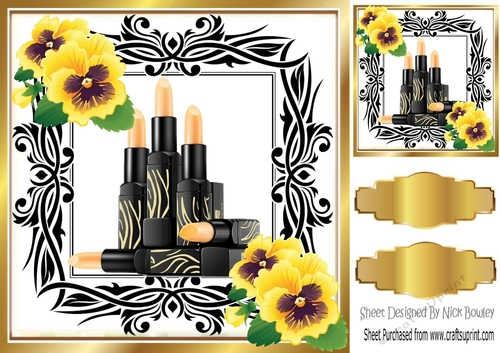 Makeup with yellow pansies in black/gold ornate frame 8x8
