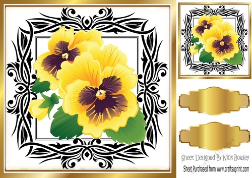 pretty yellow pansies in black/gold ornate frame 8x8