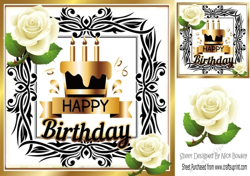 Cream roses with Birthday Cake in gold/black 8x8 frame
