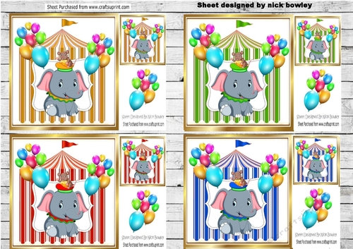 4 Circus elephants with little mice in a tent card fronts 8x8 mini kit