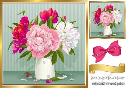 Pretty vase of pink peonies with bow 8x8