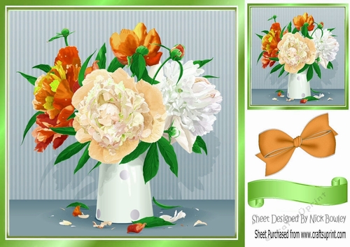 Pretty vase of peach peonies with bow 8x8