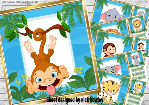  6 Lovely jungle animals card fronts frame 8x8 bumper kit