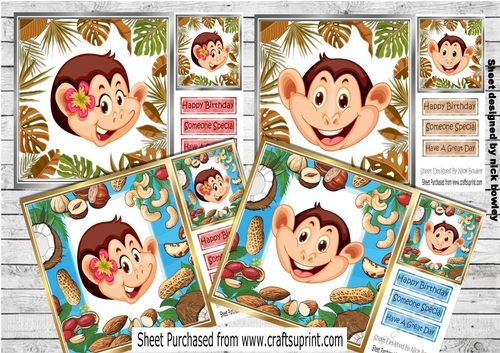  4 CHEEKY MONKEYS in jungle frames card fronts 8x8 mini kit 
