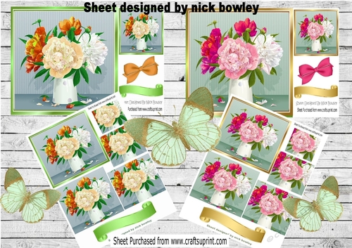  4 Pretty vases of peonies with bows 8x8 & pyramids mini kit