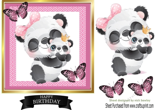 Cute panda with baby in pink gingham 7x7 frame