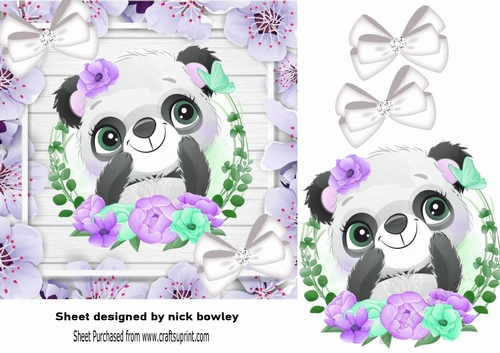 Cute Panda, in lilac flower frame with white bows 7x7
