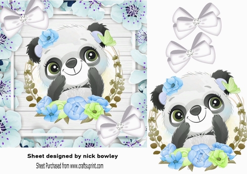 Cute Panda, in blue flower frame with white bows 7x7