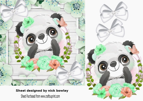 Cute Panda, in green flower frame with white bows 7x7