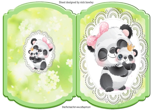 cute panda with baby on a bracket card with lace