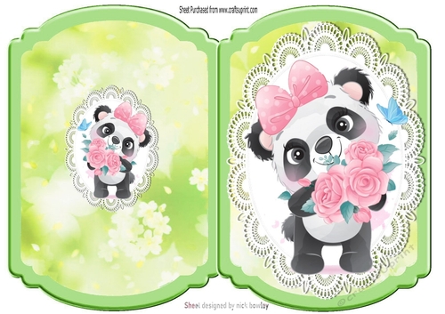 cute panda with roses on a bracket card with lace