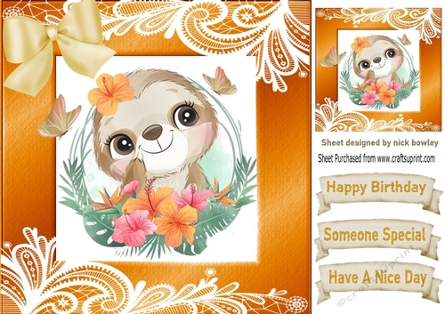 lovely sloth in a orange frame of flowers and ornate lace 8x8