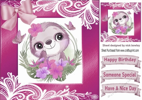 lovely sloth in a pink frame of flowers and ornate lace 8x8