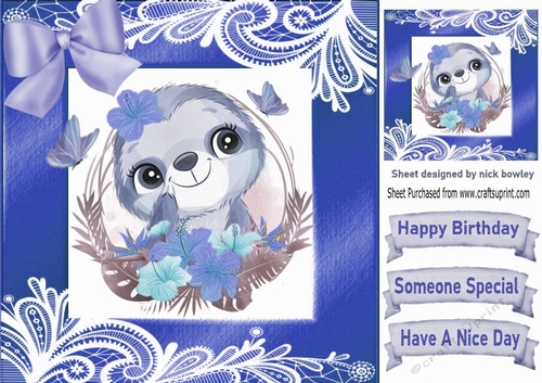 lovely sloth in a blue frame of flowers and ornate lace 8x8