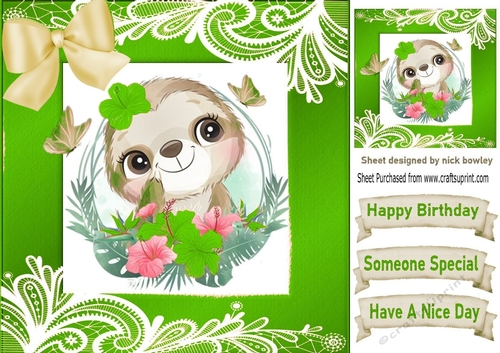 lovely sloth in a green frame of flowers and ornate lace 8x8