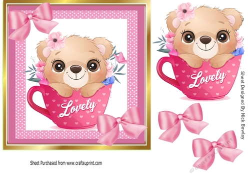 Cute little bear in a teacup with pink bows and polkadot 7x7 frame