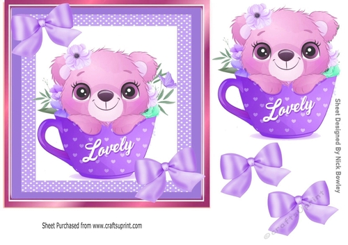 Cute little bear in a teacup with purple bows and polkadot 7x7 frame