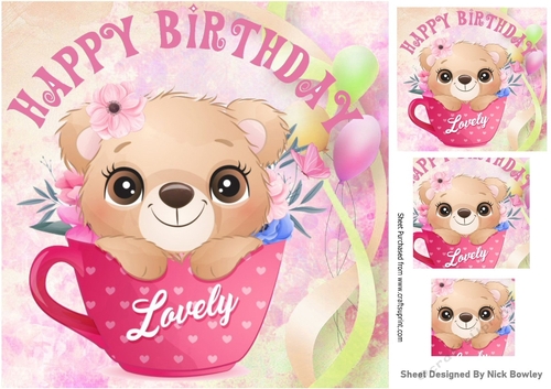 Cute teddy in pink teacup with balloons 8x8