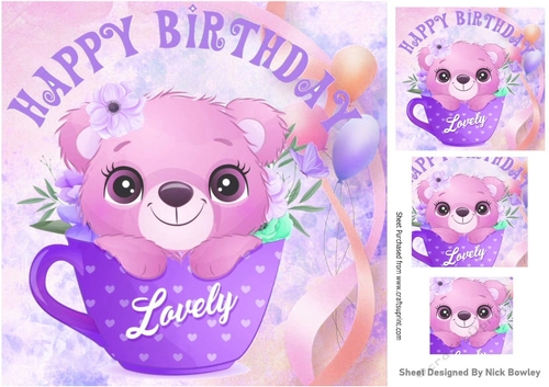 Cute teddy in purple teacup with balloons 8x8