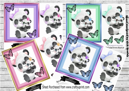  4 Cute pandas with babies in gingham 7x7 card fronts mini kit