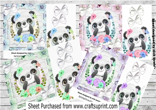  4 Cute Pandas, in flower frames with white bows card 7x7 mini kit