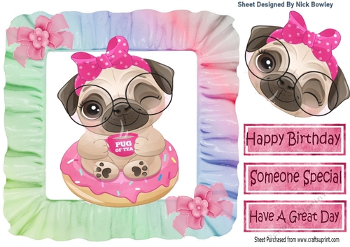  Pug of Tea puppy with birthday present and balloons 8x8