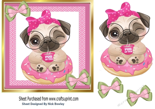pug sitting on a donut in pink polkadot 7x7 frame