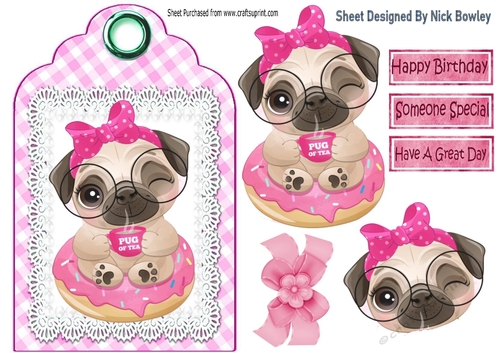 Cute pug on lace, pink gingham tag topper