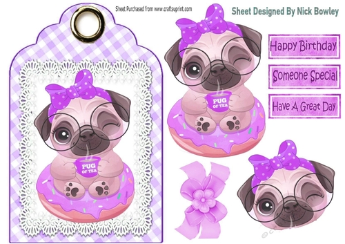 Cute pug on lace, purple gingham tag topper