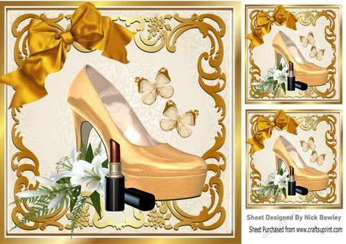 Pretty gold shoe with butterflies and gold bow 8x8