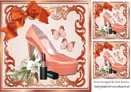 Pretty peach shoe with butterflies and peach bow 8x8
