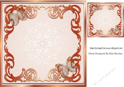 pretty peach ornate card front/insert with peach butterflies 8x8