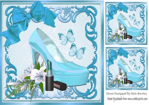 Pretty blue shoe with butterflies and blue bow 8x8