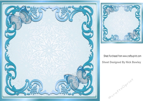 pretty blue ornate card front/insert with blue butterflies 8x8