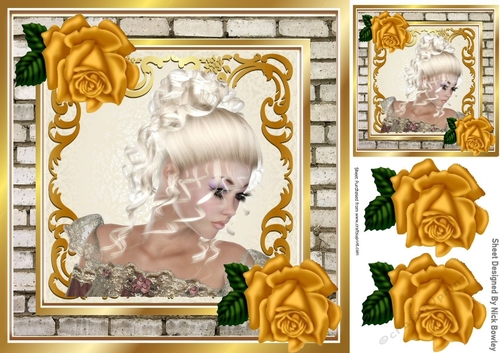 Vintage lady with gold roses brick effect frame 8x8