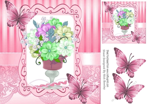 pretty vase of mixed flowers in ornate frame with pink butterflies 8x8