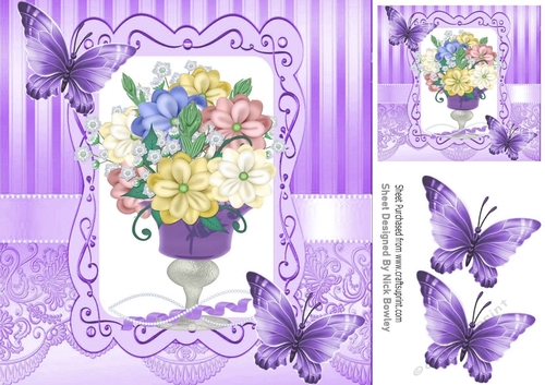 pretty vase of mixed flowers in ornate frame with purple butterflies 8x8